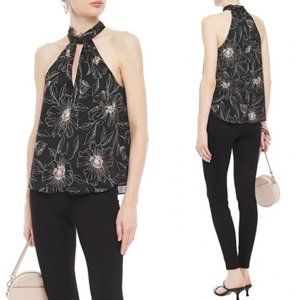 Joie Size L Cedra B Satin High Neck Halter Top Caviar Black Pink Floral Print